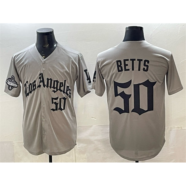 Los Angeles Dodgers #50 Mookie Betts Grey Fotopoulosg LA Gothic Style With 2025 World Series Champions Patch Limited Stitched Jersey