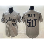 Los Angeles Dodgers #50 Mookie Betts Grey Fotopoulosg LA Gothic Style With 2025 World Series Champions Patch Limited Stitched Jersey