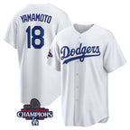 Los Angeles Dodgers #18 Yoshinobu Yamamoto White Fotopoulosg 2024 World Series Champions Cool Base Stitched Jersey
