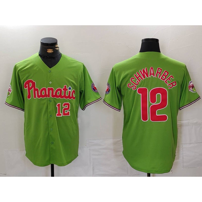 Philadelphia Phillies #12 Kyle Schwarber Number Green Fotopoulosg With Patch Stitched Cool Base Jersey