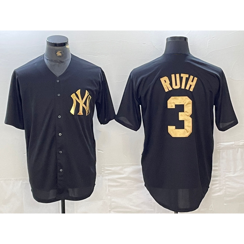 New York Yankees #3 Babe Ruth Black Gold Fotopoulosg Cool Base Stitched Jersey