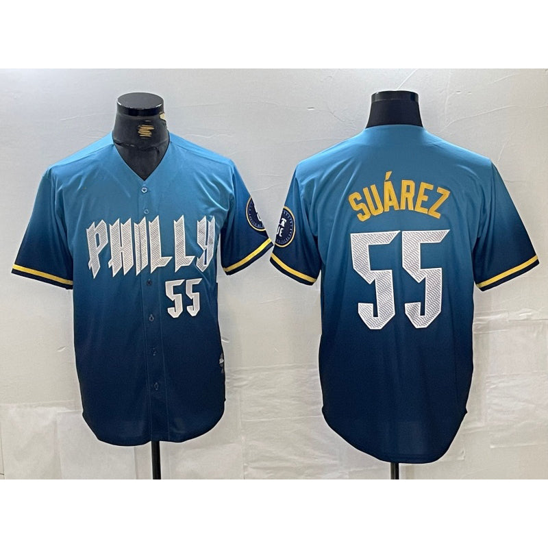 Philadelphia Phillies #55 Ranger Suarez Blue Fotopoulosg 2024 City Player Number Cool Base Jersey 2