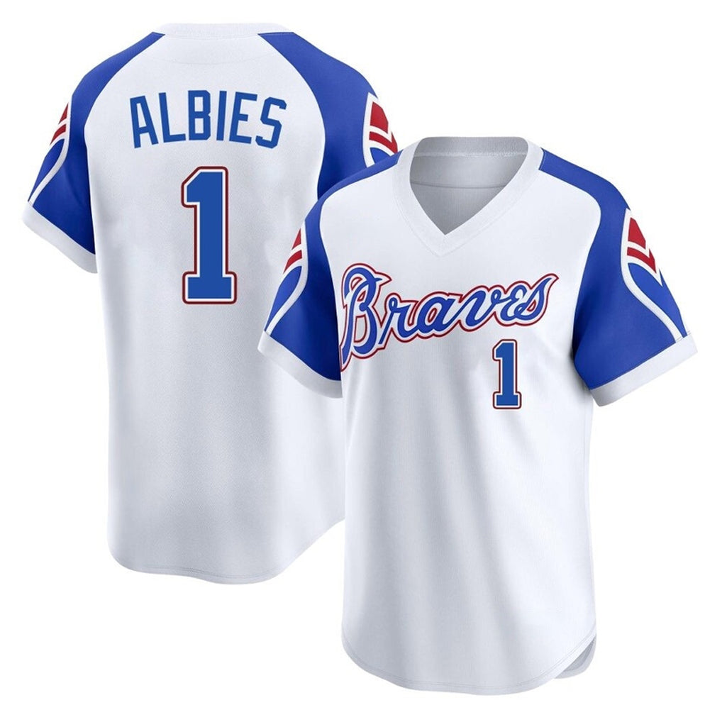 Atlanta Braves #1 Ozzie Albies Player White Fotopoulosg Throwback Cooperstown Collection T-shirt Game Stitched Jerseys