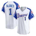 Atlanta Braves #1 Ozzie Albies Player White Fotopoulosg Throwback Cooperstown Collection T-shirt Game Stitched Jerseys