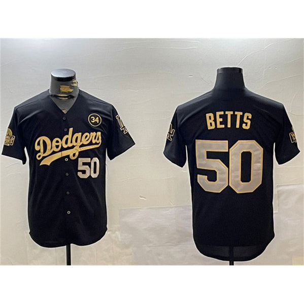 Los Angeles Dodgers #50 Mookie Betts Black Gold Fotopoulosg 2024 World Series With No. 34 Patch Limited Stitched Jersey