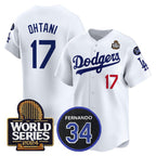 Los Angeles Dodgers #17 Shohei Ohtani White Fotopoulosg 2024 World Series With Fernando Memorial Patch Limited Stitched Jersey 2