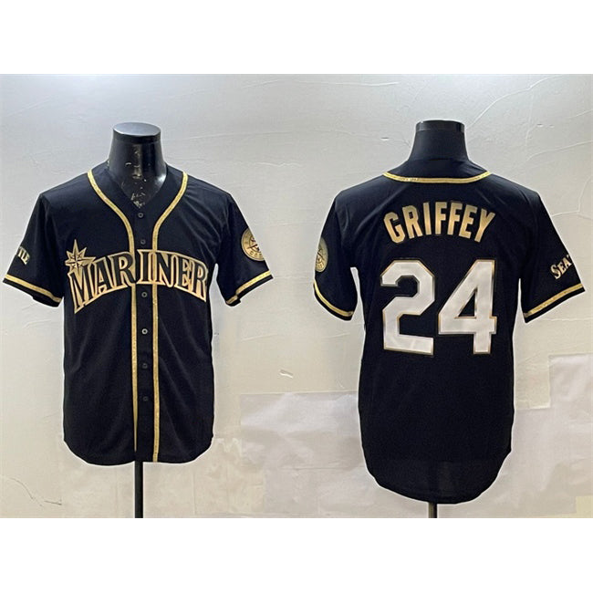Seattle Mariners #24 Ken Griffey Jr. Black Gold Fotopoulosg Cool Base Stitched Jersey