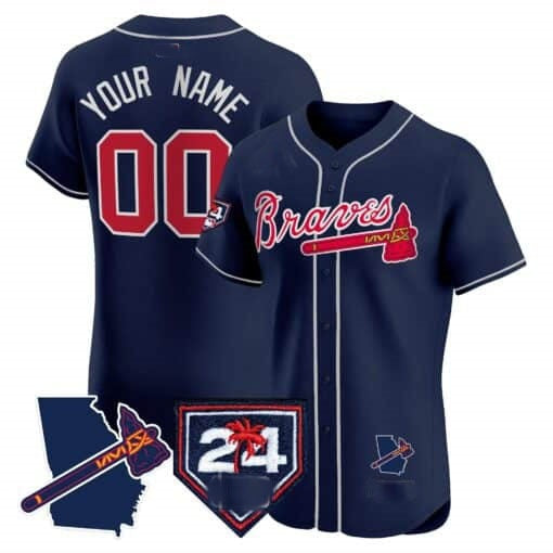 Custom Atlanta Braves 2024 Spring Training & Georgia Patch Vapor Premier Elite Jersey ¨CNavy Fotopoulosg