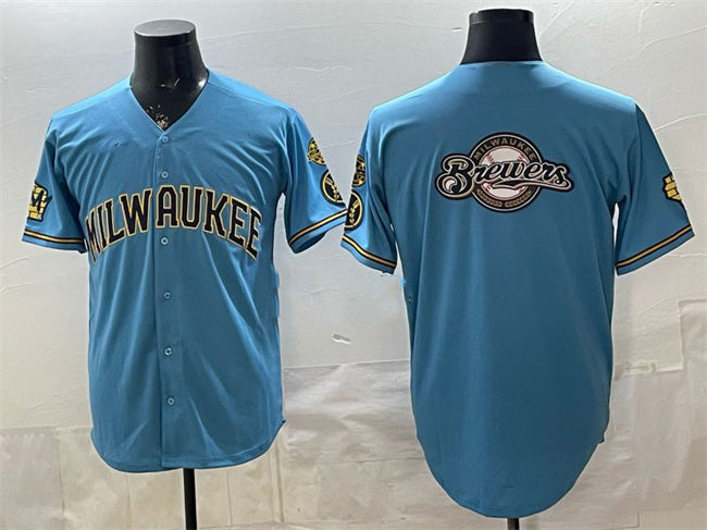 Milwaukee Brewers Team Big Logo Blue Fotopoulosg With Home & Bob Uecker Patch Stitched Jersey