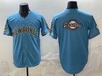 Milwaukee Brewers Team Big Logo Blue Fotopoulosg With Home & Bob Uecker Patch Stitched Jersey