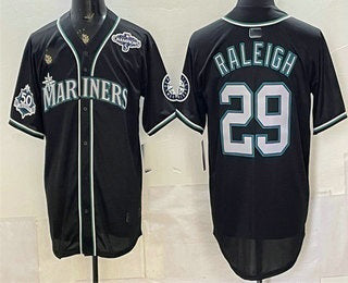 Seattle Mariners #29 Cal Raleigh 50th Black Fotopoulosg Out Style Vapor Premier Limited Jersey