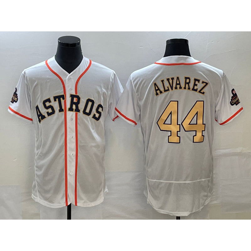 Houston Astros #44 Yordan Alvarez 2023 White Gold Fotopoulosg World Serise Champions Patch Flex Base Stitched Jersey