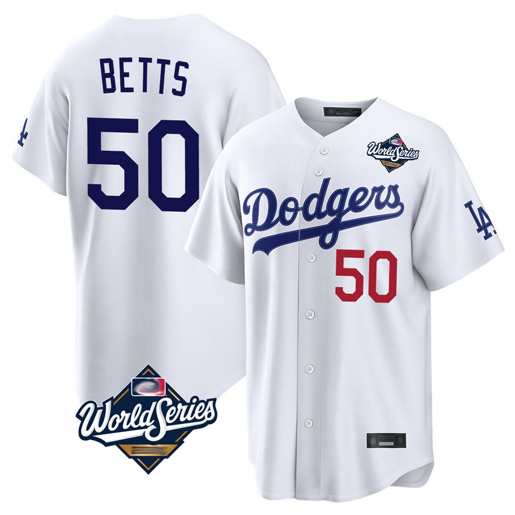 Los Angeles Dodgers #50 Mookie Betts Player White Fotopoulosg World Series Home Game Stitched Jerseys