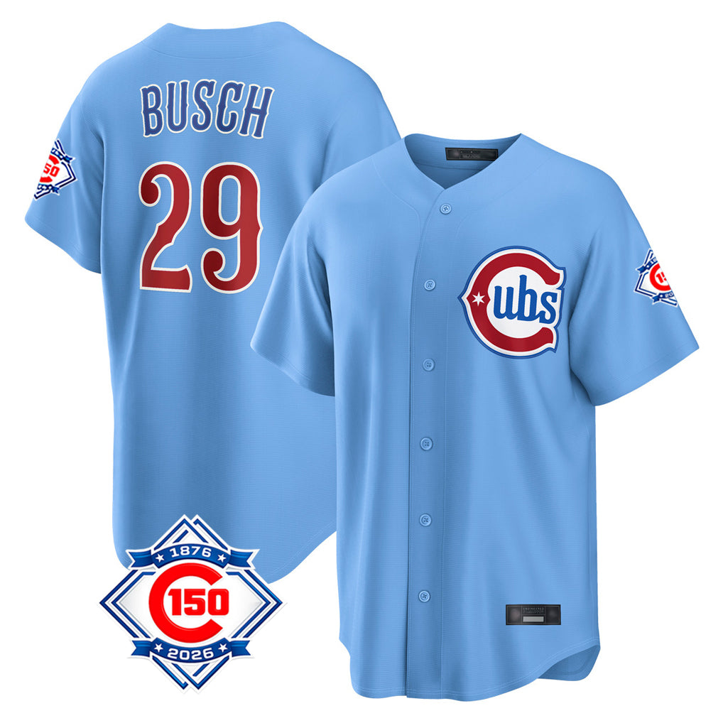 Chicago Cubs #29 Michael Busch Player Light Blue Fotopoulosg 150th Anniversary Home Game Stitched Jerseys