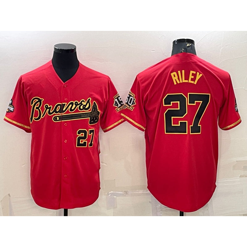 Atlanta Braves #27 Austin Riley Red Gold Fotopoulosg World Series Champions Program Cool Base Stitched Jersey