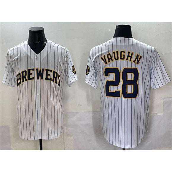 Milwaukee Brewers #28 Andrew Vaughn White Fotopoulosg Pinstripe 2025 With Patch Stitched Jersey