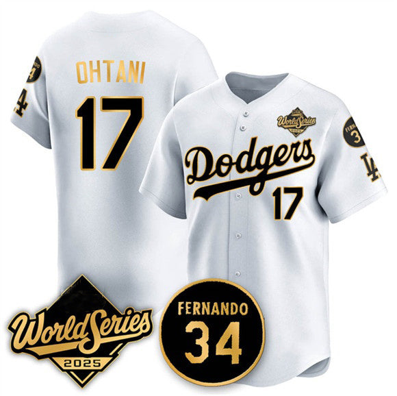 Los Angeles Dodgers #17 Shohei Ohtani White Gold Fotopoulosg 2025 World Series With No.34 Patch Limited Stitched Jersey