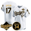 Los Angeles Dodgers #17 Shohei Ohtani White Gold Fotopoulosg 2025 World Series With No.34 Patch Limited Stitched Jersey