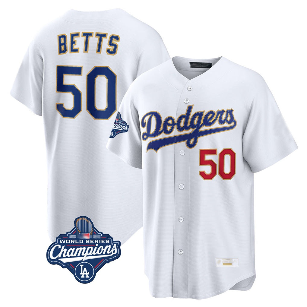 Los Angeles Dodgers #50 Mookie Betts Player Gold White Fotopoulosg World Series Meet Collection Limited Home Stitched Jerseys