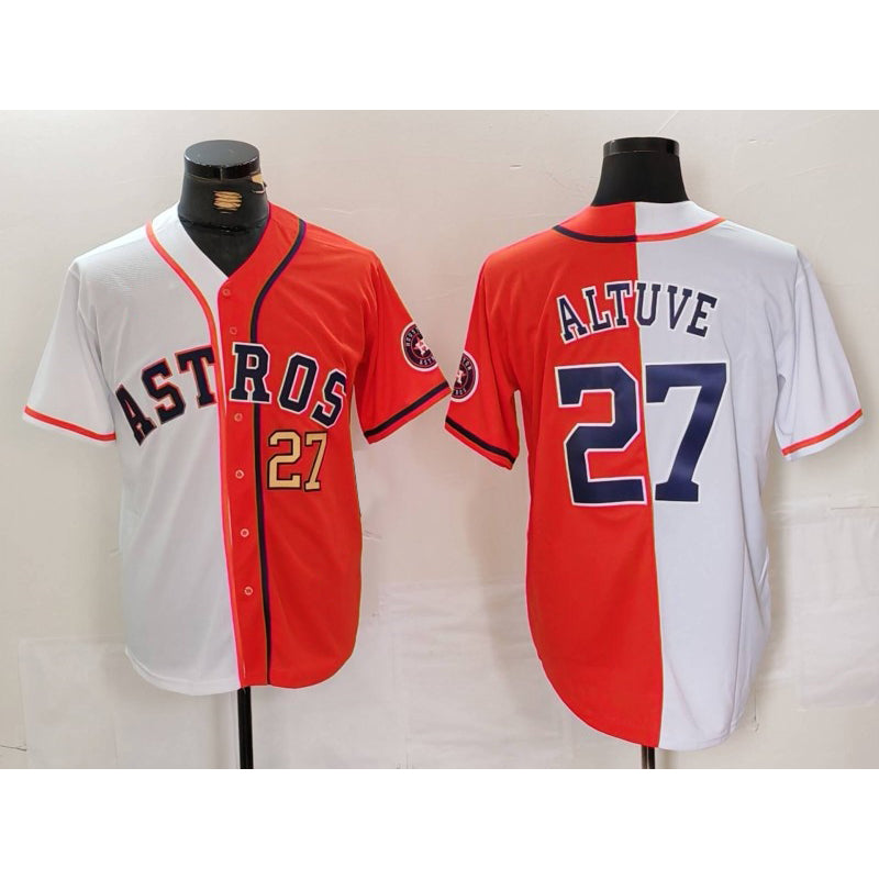 Houston Astros #27 Jose Altuve White Orange Fotopoulosg Blue Number Split Stitched Jerseys