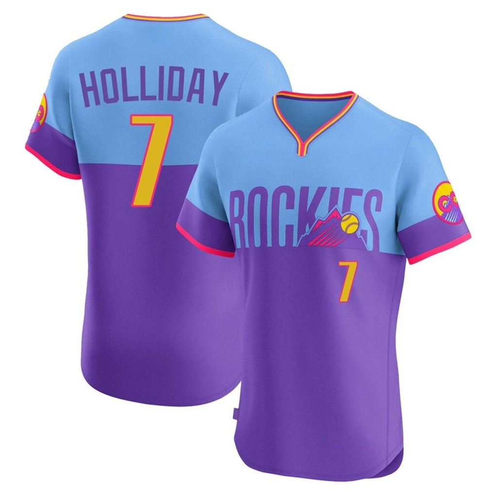 Colorado Rockies #7 Matt Holliday Player Purple-Light Blue Fotopoulosg City Connect Limited Elite Home T-shirt Stitched Jerseys