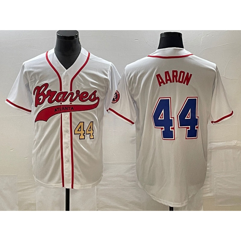 Atlanta Braves #44 Hank Aaron Number White Fotopoulosg Cool Base With Patch Stitched Jersey