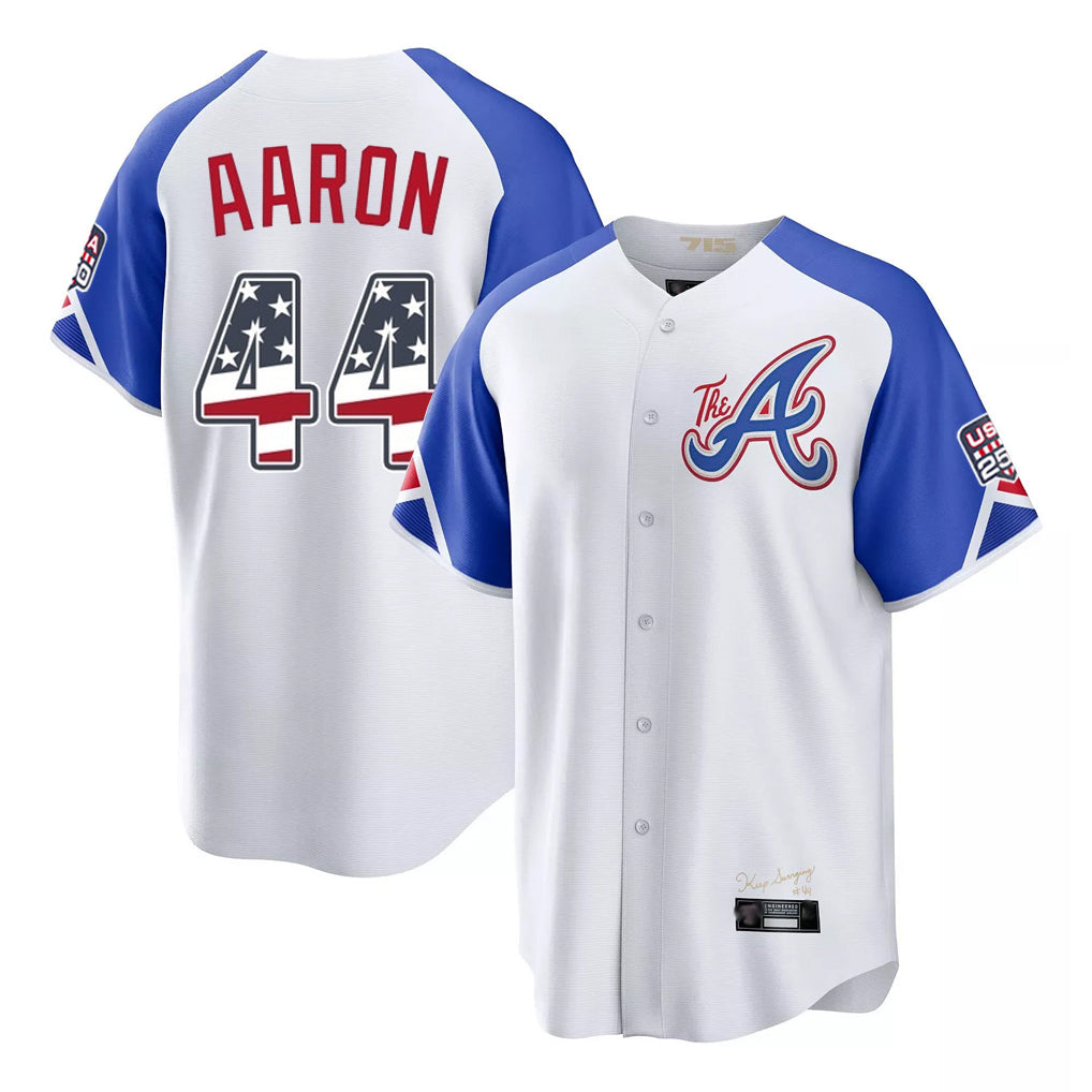 Atlanta Braves #44 Hank Aaron Player White Fotopoulosg USA 250 Fourth Of July City Connect Home Game Stitched Jerseys