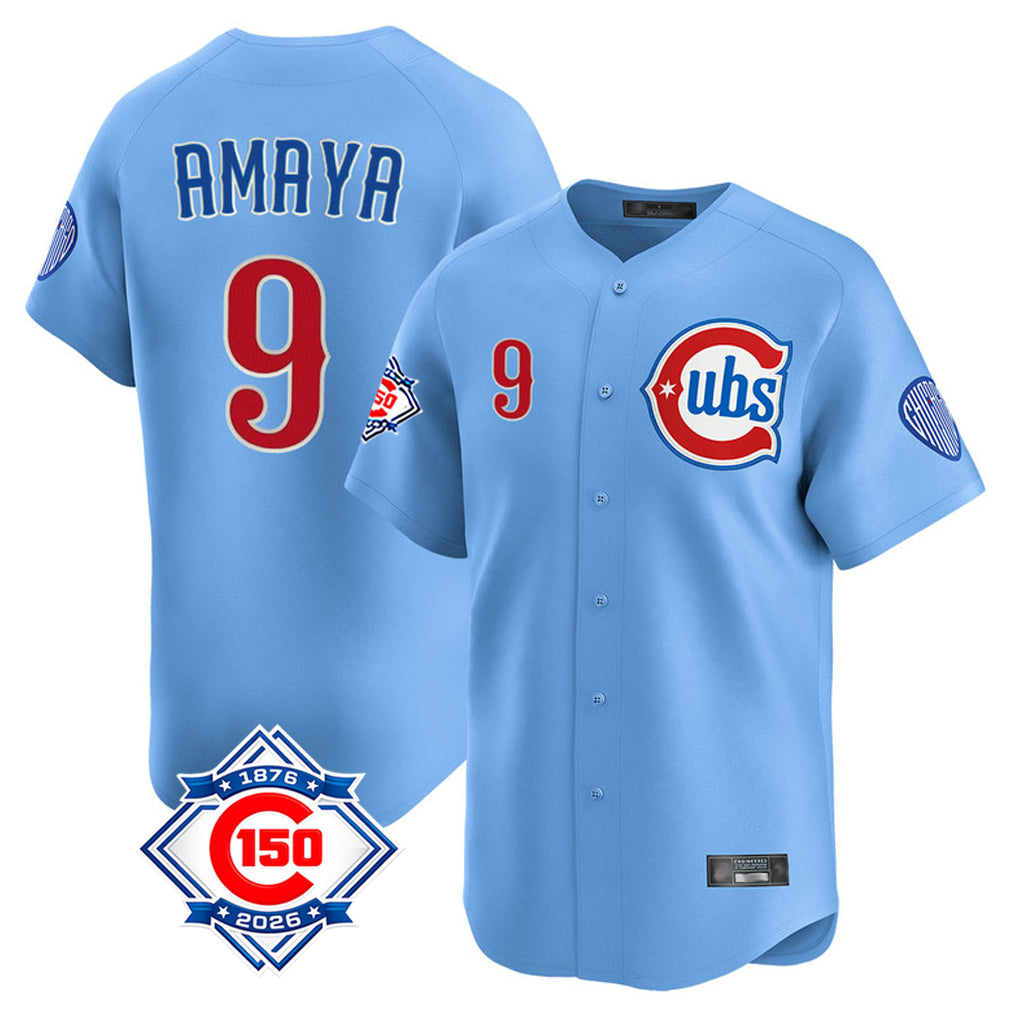 Chicago Cubs #9 Miguel Amaya Player Light Blue Fotopoulosg 150th Anniversary Limited Home Stitched Jerseys