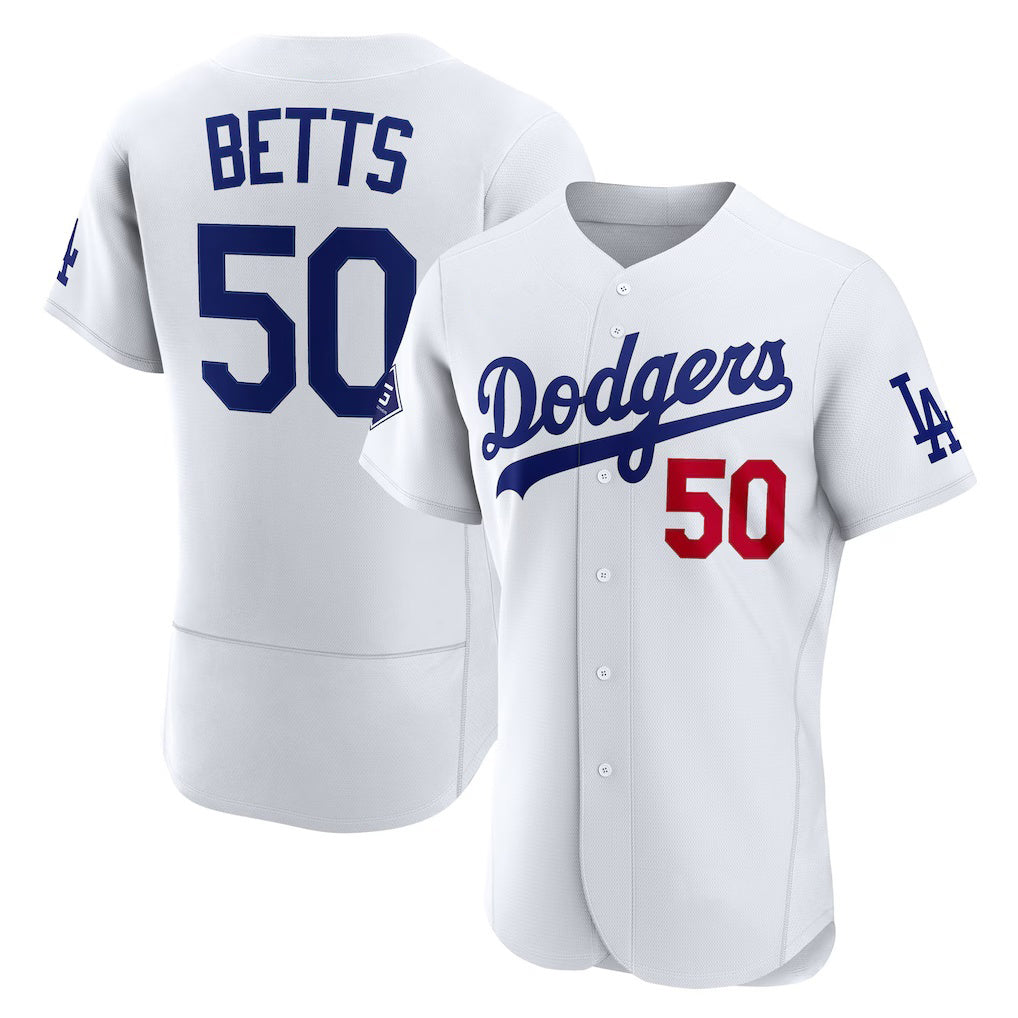 Los Angeles Dodgers #50 Mookie Betts White Fotopoulosg Home Authentic Sponsor Patch Jersey
