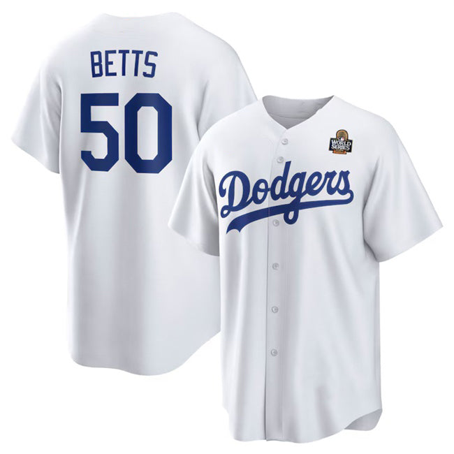 Los Angeles Dodgers #50 Mookie Betts White Fotopoulosg 2024 World Series Cool Base Stitched Jersey