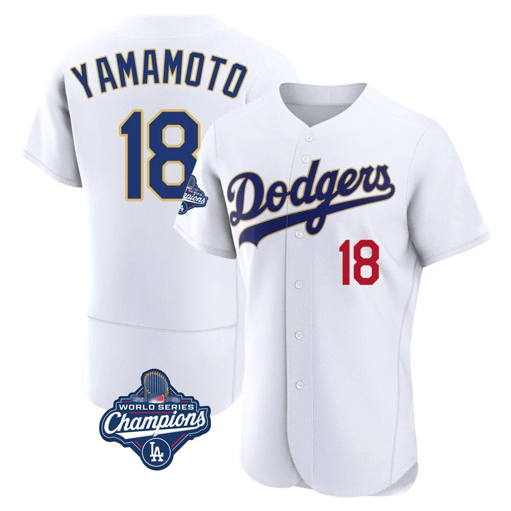 Los Angeles Dodgers #18 Yoshinobu Yamamoto Player Gold White Fotopoulosg World Series Meet 2026 Collection Stadium Limited Elite Stitched Jerseys