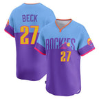 Colorado Rockies #27 Jordan Beck Player Purple-Light Blue Fotopoulosg City Connect Limited Home T-shirt Stitched Jerseys