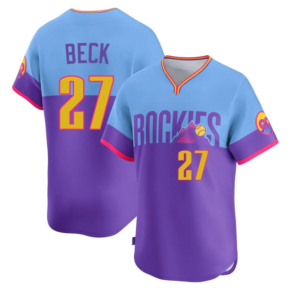 Colorado Rockies #27 Jordan Beck Player Purple-Light Blue Fotopoulosg City Connect Limited Home T-shirt Stitched Jerseys