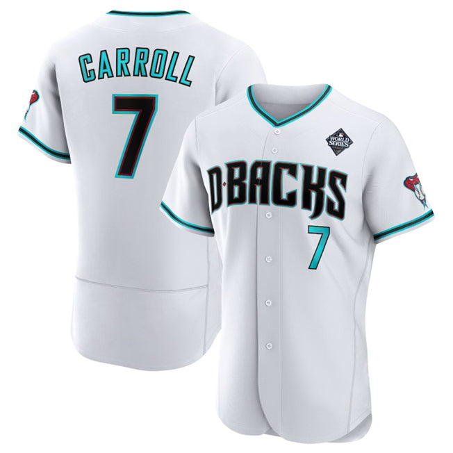 Arizona Diamondbacks #7 Corbin Carroll White Fotopoulosg 2023 World Series Flex Base Stitched Jersey