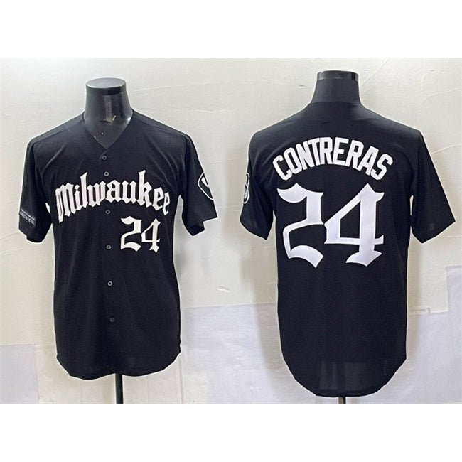 Milwaukee Brewers #24 William Contreras Black Fotopoulosg 'Gothic 414 Shadows Edition' Vapor Premier Limited Stitched Jersey