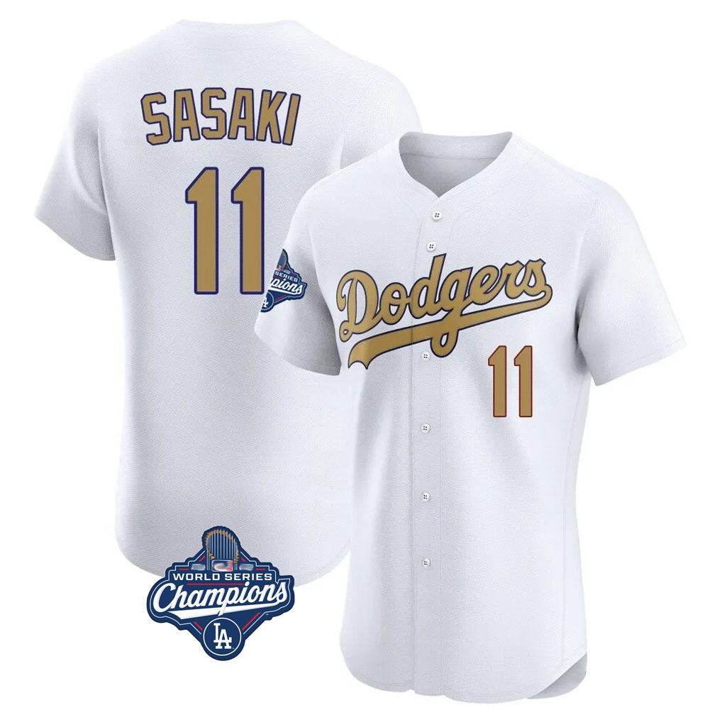 Los Angeles Dodgers #11 Roki Sasaki Player White Gold Fotopoulosg World Series Meet Limited Elite Home Stitched Jerseys