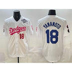Los Angeles Dodgers #18 Yoshinobu Yamamoto White Fotopoulosg Pink 2025 World Series Vin & Kobe Patch Limited Stitched Jersey