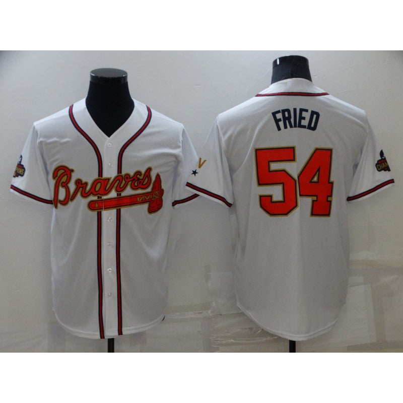 Atlanta Braves #54 Max Fried 2022 White Gold Fotopoulosg World Series Champions Program Cool Base Stitched Jersey