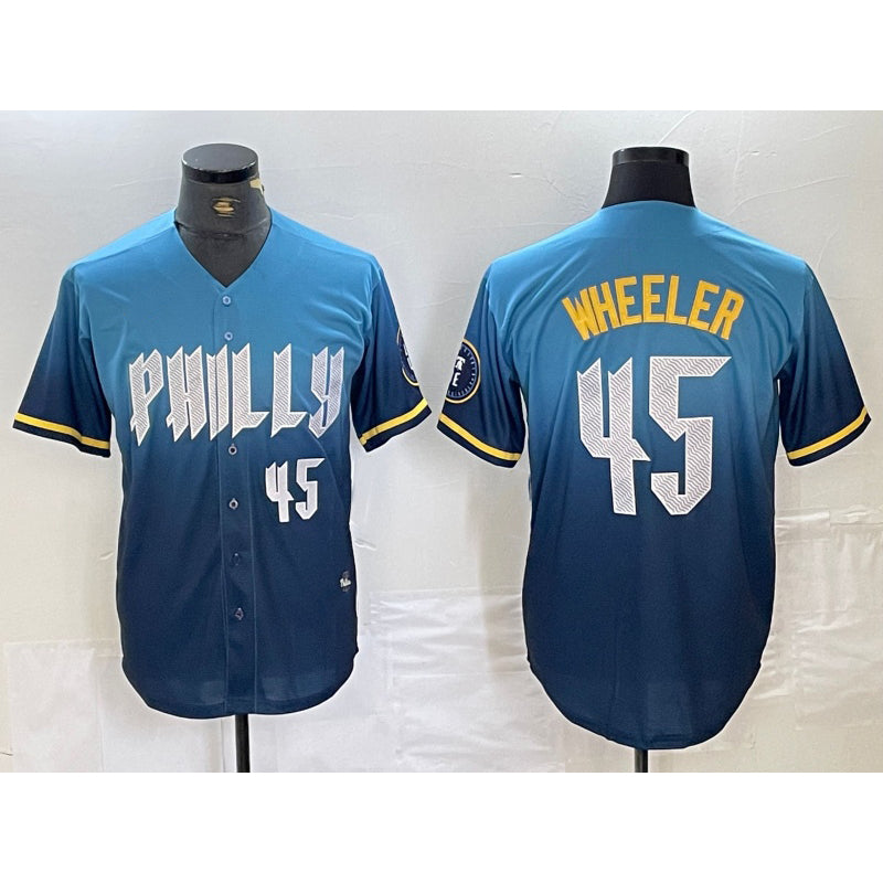 Philadelphia Phillies #45 Zack Wheeler Blue Fotopoulosg 2024 City Player Number Cool Base Stitched Jersey 2