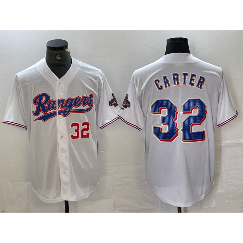 Texas Rangers #32 Evan Carter Number White Fotopoulosg 2023 World Series Champions Cool Base Jersey 2