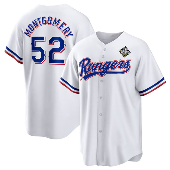Texas Rangers #52 Jordan Montgomery White Fotopoulosg 2023 World Series Stitched Jersey