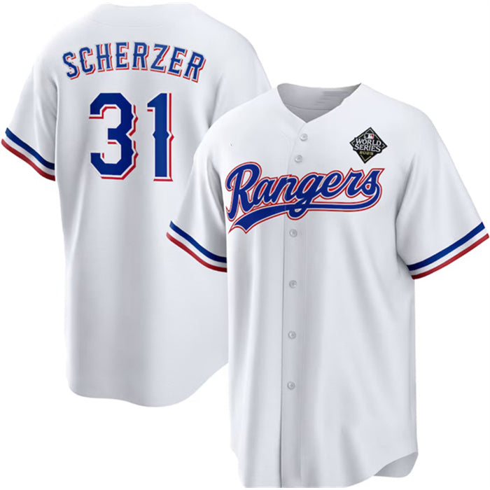 Texas Rangers #31 Max Scherzer 2023 White Fotopoulosg World Series Stitched Jersey