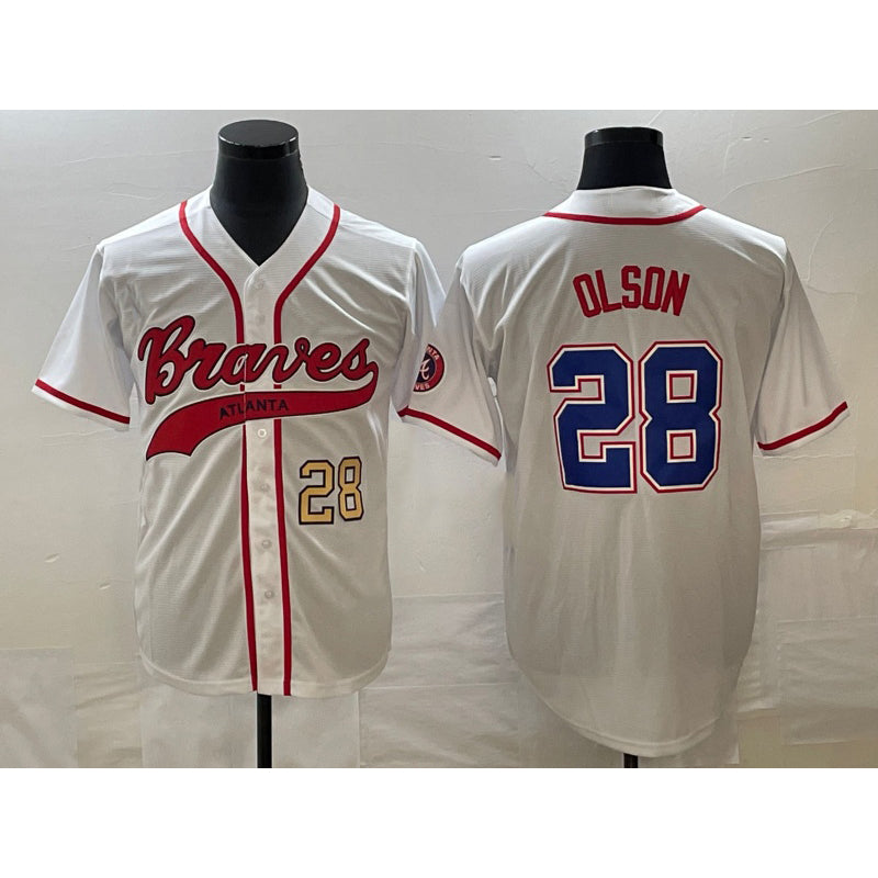 Atlanta Braves #28 Matt Olson Number White Fotopoulosg Cool Base With Patch Stitched Jersey