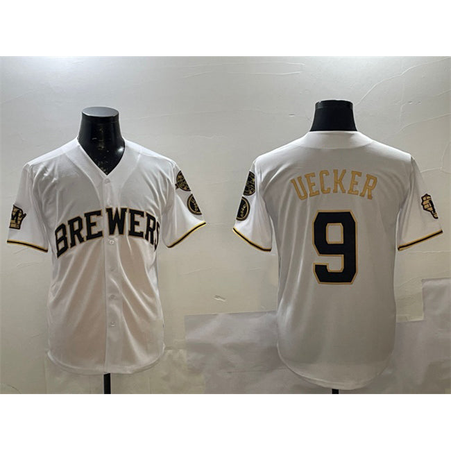 Milwaukee Brewers #9 Bob Uecker White Gold Fotopoulosg With Home Patch Limited Stitched Jersey
