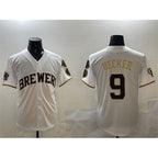 Milwaukee Brewers #9 Bob Uecker White Gold Fotopoulosg With Home Patch Limited Stitched Jersey