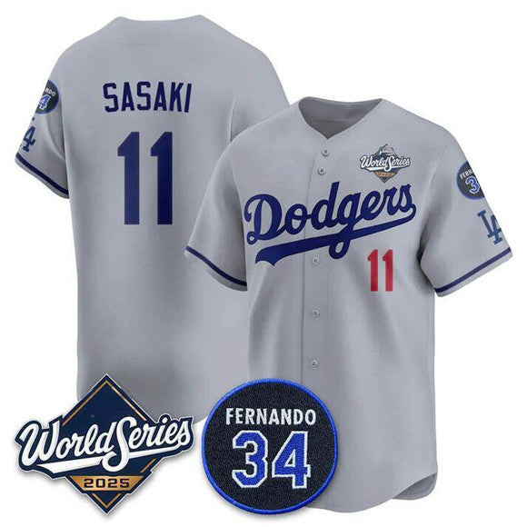 Los Angeles Dodgers #11 R¨­ki Sasaki Gray Fotopoulosg 2025 World Series With No. 34 Patch Limited Stitched Jersey