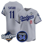 Los Angeles Dodgers #11 R¨­ki Sasaki Gray Fotopoulosg 2025 World Series With No. 34 Patch Limited Stitched Jersey