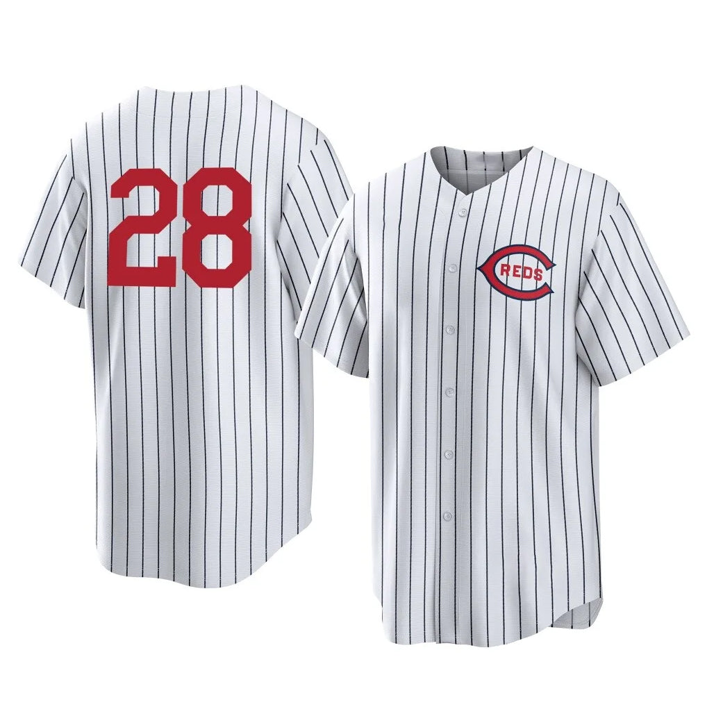Cincinnati Reds #28 Eugenio Su¨¢rez Player White Fotopoulosg Stripe Field of Dreams Game Home Stitched Jerseys