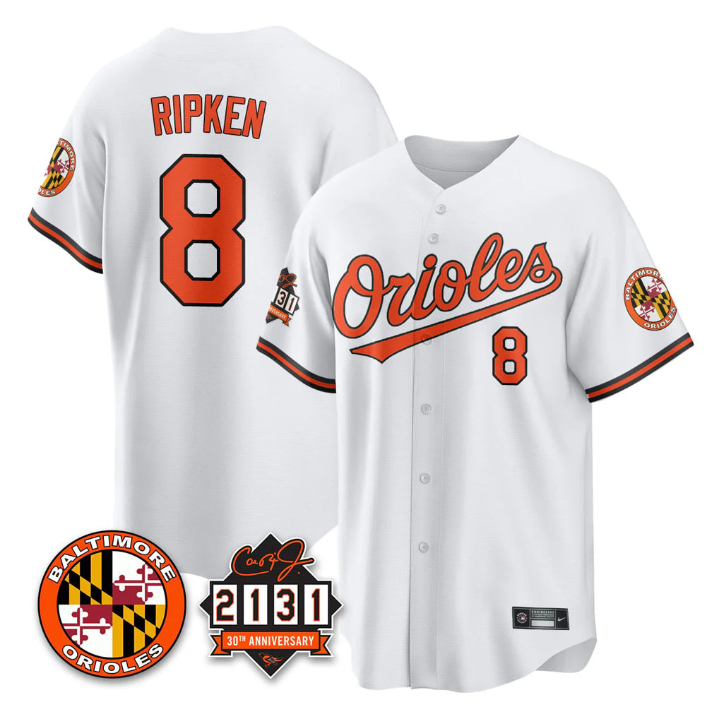 Baltimore Orioles #8 Cal Ripken Player White Fotopoulosg 30th Anniversary of 2131 Home Game Stitched Jerseys