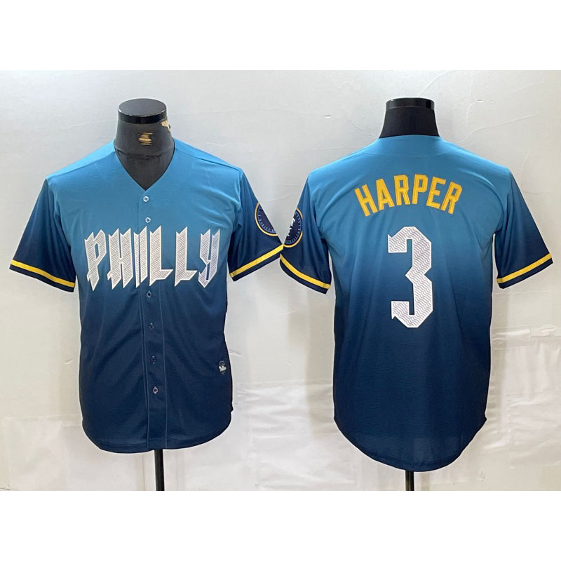 Philadelphia Phillies #3 Bryce Harper Blue Fotopoulosg 2024 City Connect Limited Stitched Jersey